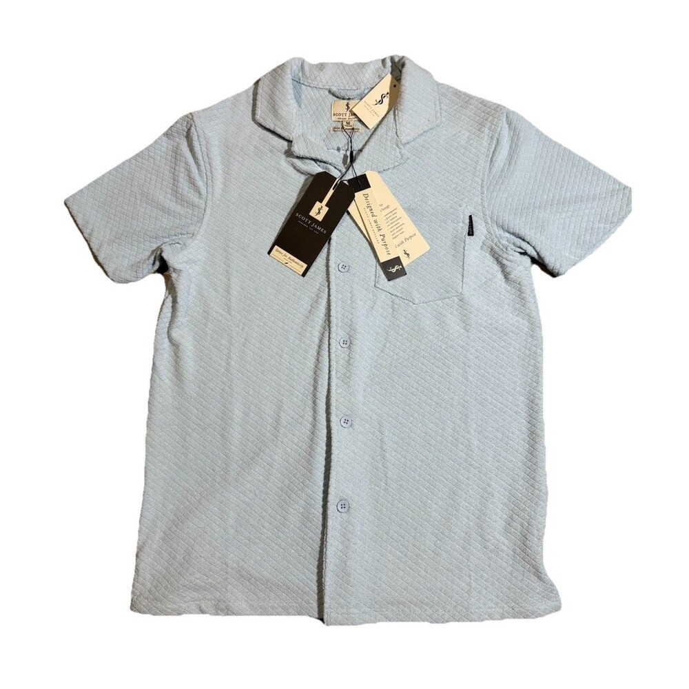 Scott James Terry Cloth Polo Shirt Mens Size Medium Light Blue Short Sleeve $58